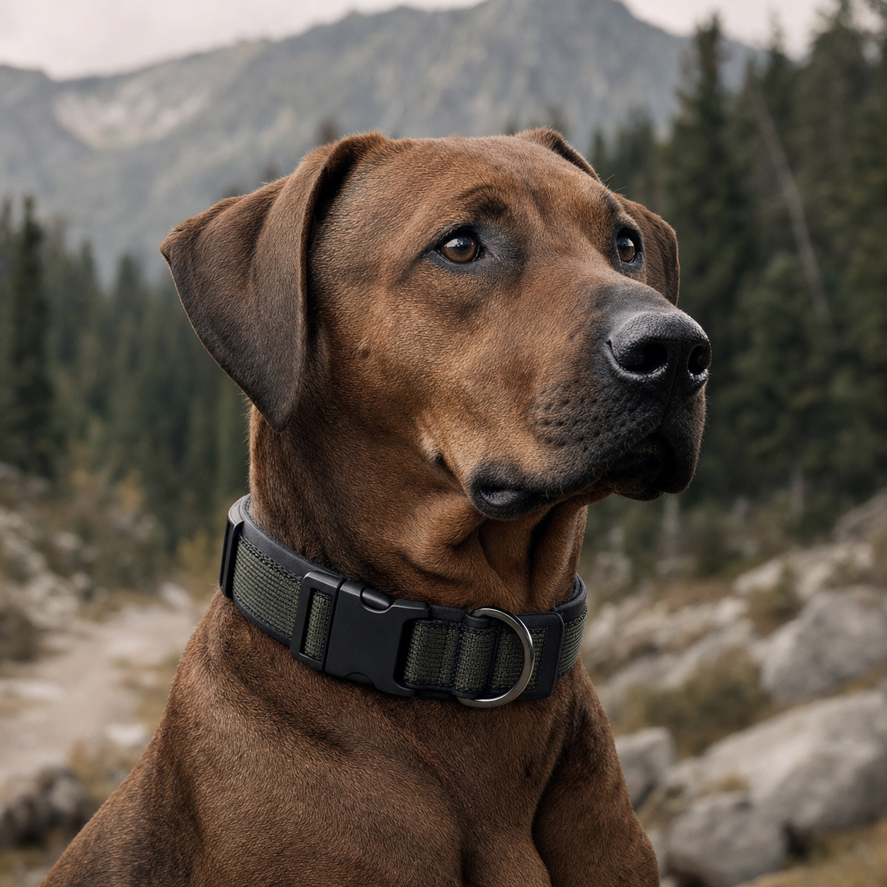 Brown dog wearing an olive technical collar outdoors