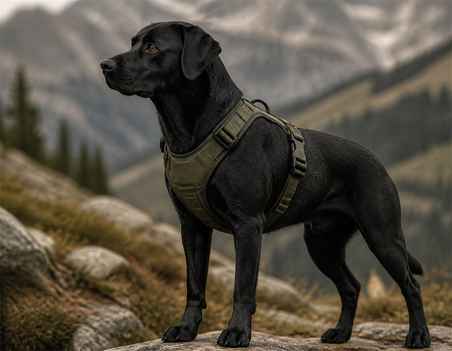 Black dog wearing an olive outdoor harness in the mountains