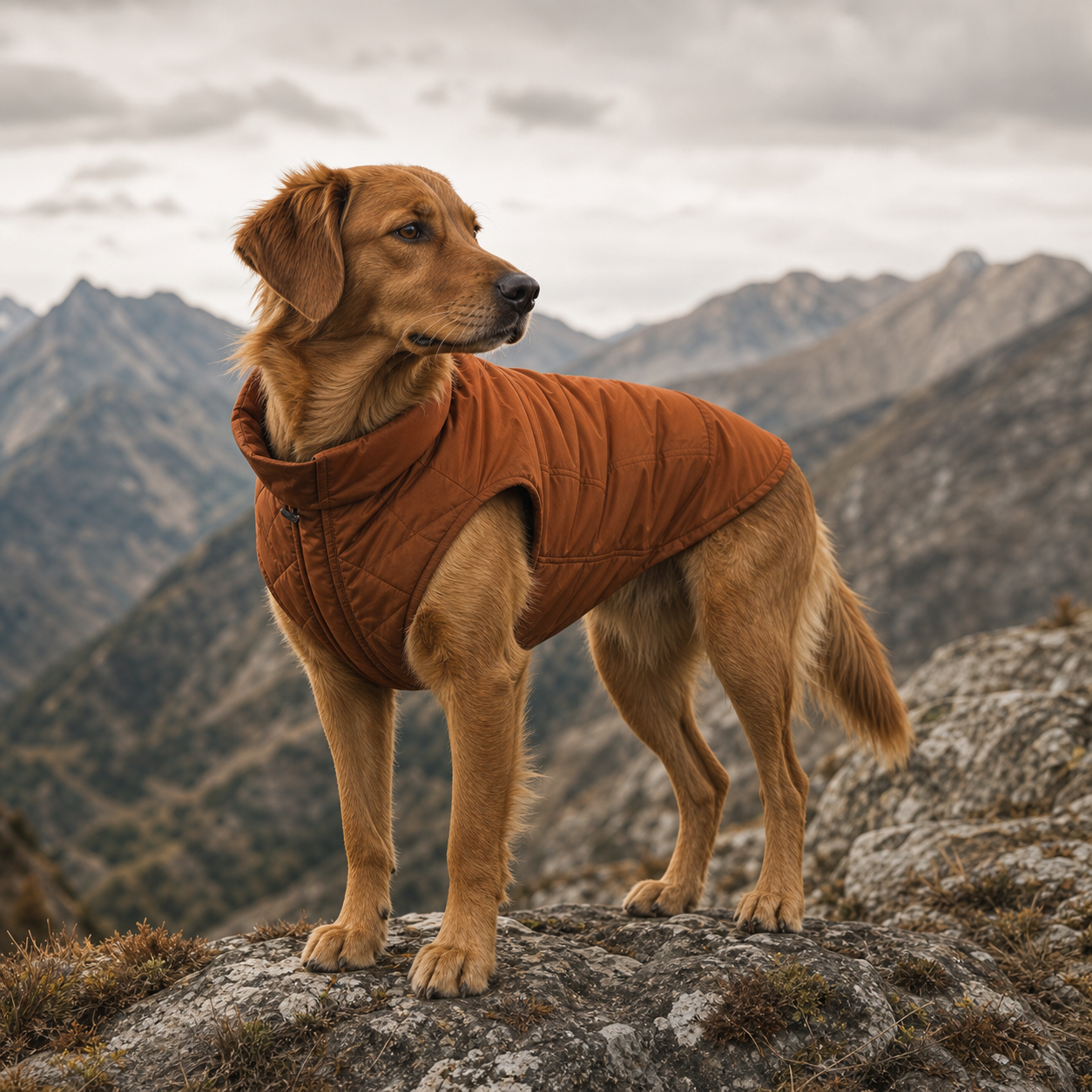Golden dog wearing a rust outdoor jacket on a mountain ridge