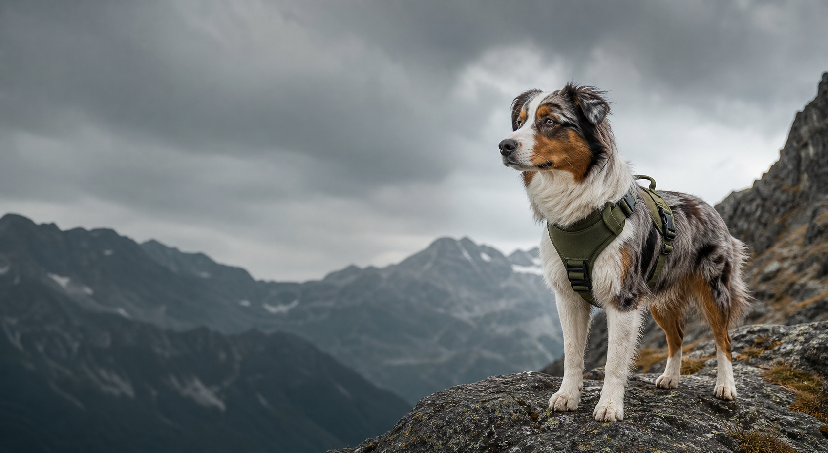 Australian shepherd wearing an olive harness on a mountain ridge